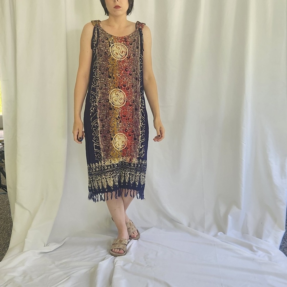 Vintage Blue Multicolor Midi Dress with Fringe